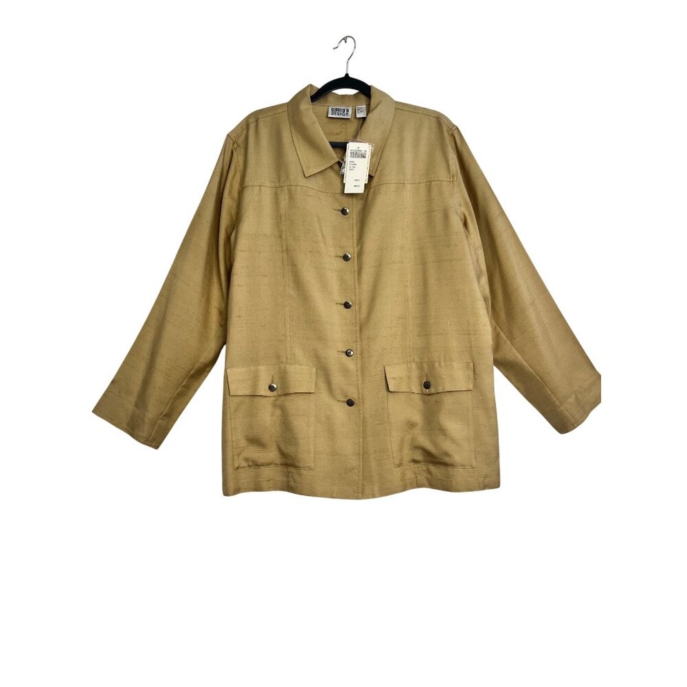 Chicos Design 100% Silk Beige Button Shacket Pockets Size 3/XL16 NWT Office